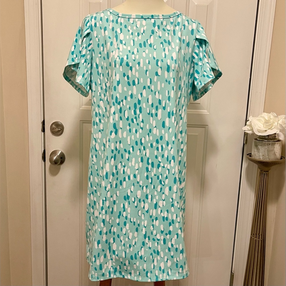 NWT KIM ROGERS Teal and White Patterned KNIT Dress MISSES PETITE MEDIUM